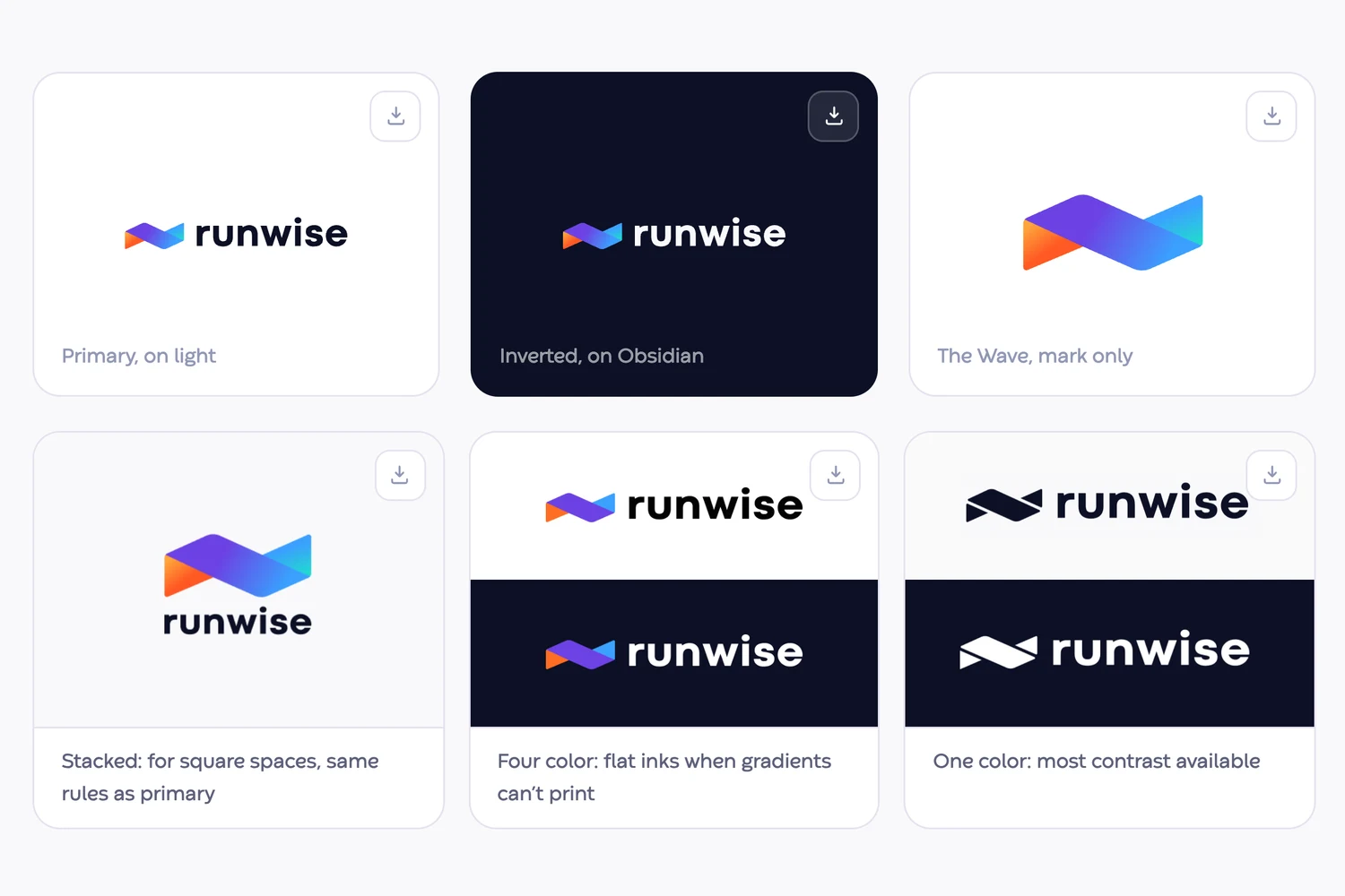 Close up of the logo grid: primary on light, inverted on Obsidian, the Wave alone, stacked, four color and one color, each with a download button