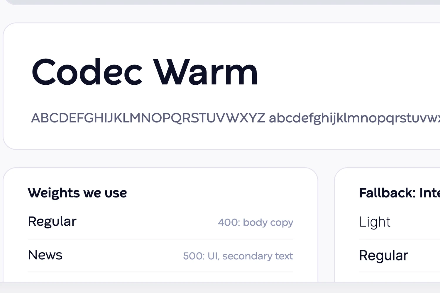 Close up of the type specimen: Codec Warm with its alphabet, the weights in use, and Inter as the fallback