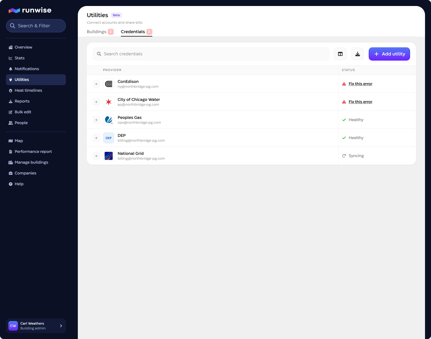 Credentials tab listing utility providers, login emails, and credential status