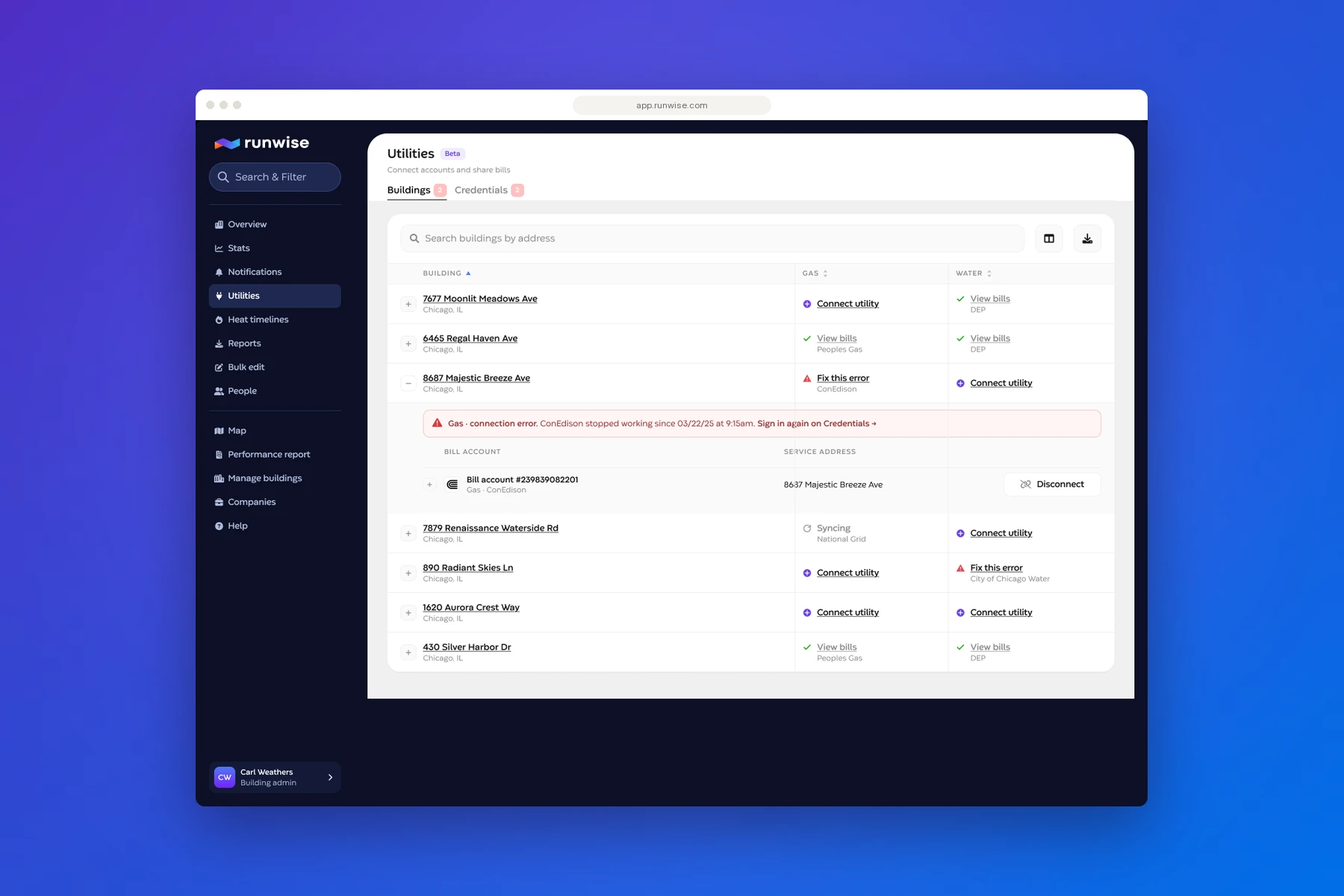 Runwise Utilities page, Buildings tab