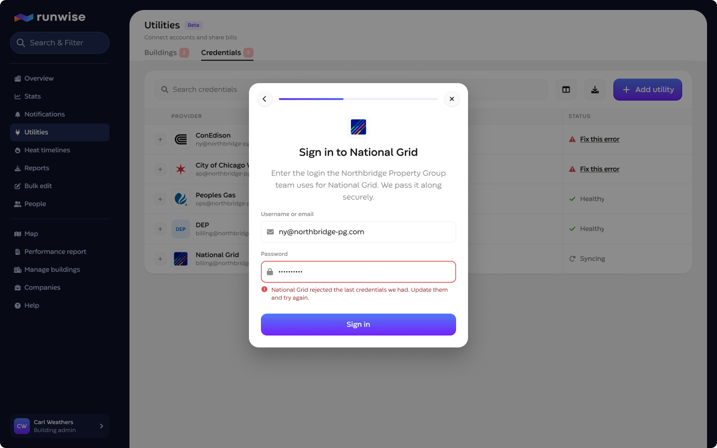 Connection wizard showing an invalid credential error on the sign-in step