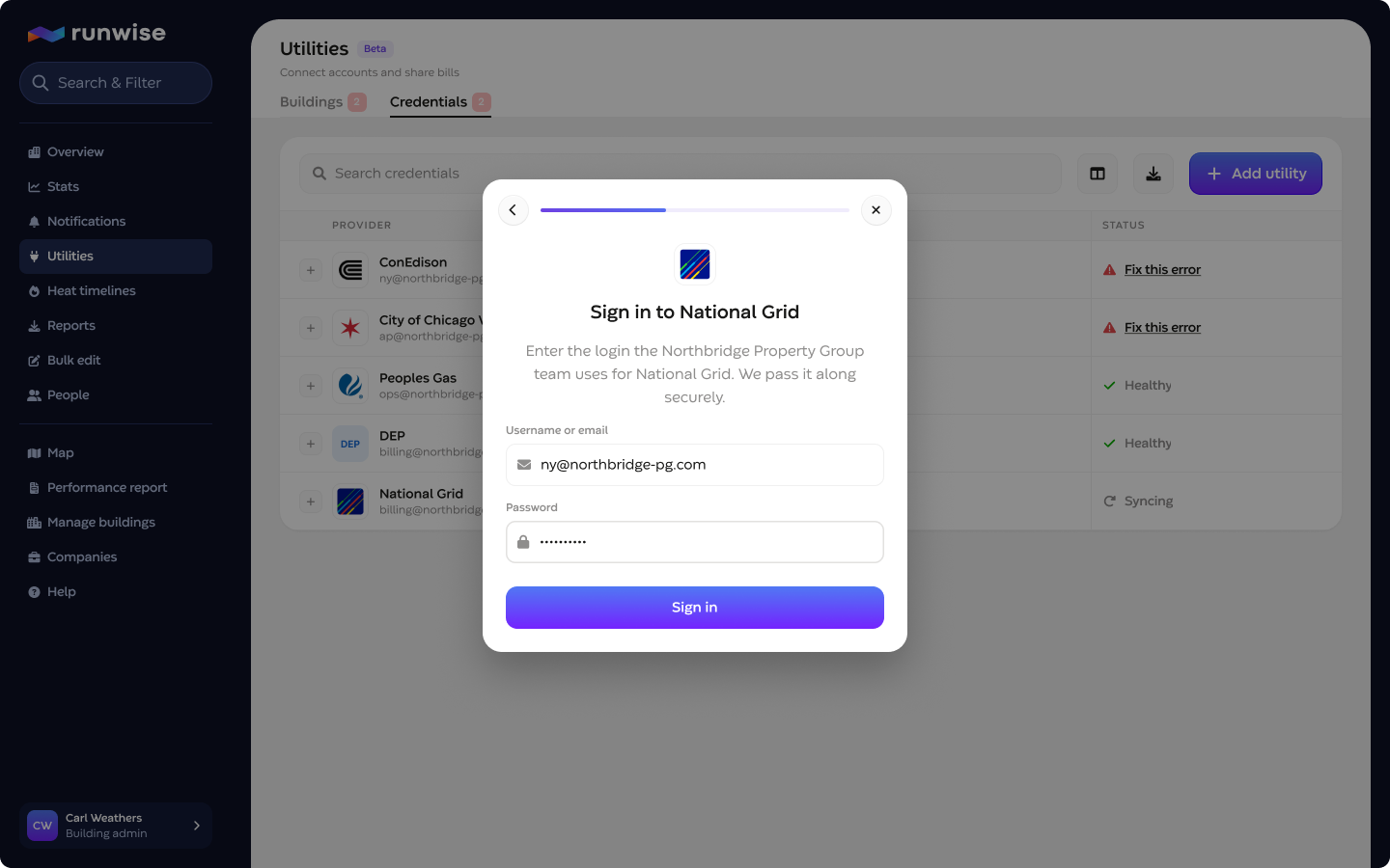 Connection wizard, sign in to the utility provider