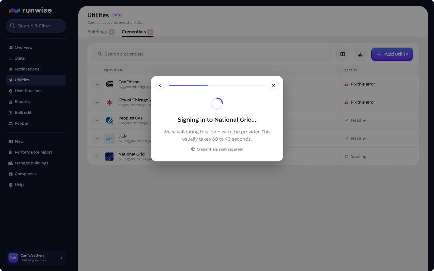 Connection wizard validating a login, with a 60 to 90 second wait